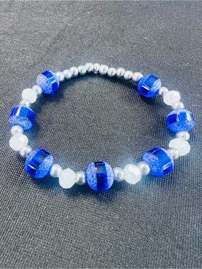 Handmade Blue Glass Bead Stretch Bracelet - Women Jewelry